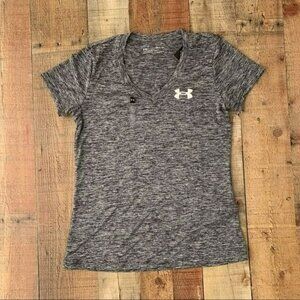 Under armour women’s short sleeve v neck gray marl marbled t-shirt with logo - S